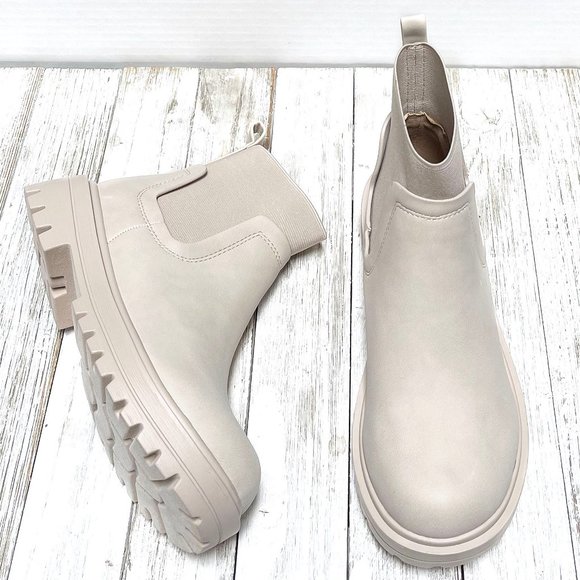 New Beige Chelsea Elastic Low Platform Ankle Boots Booties - Picture 2 of 2